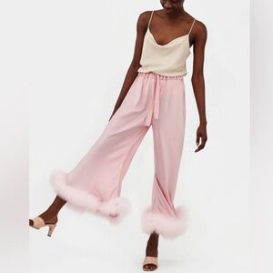 Lux Ostrich Feather Pink Lounge Pants In Pink Satin By SLEEPER, NWT, OS